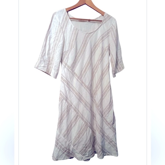 Soft Surroundings White Tan Sz PS Asymmetrical Stripe Linen Blend Shift Dress - Picture 3 of 8